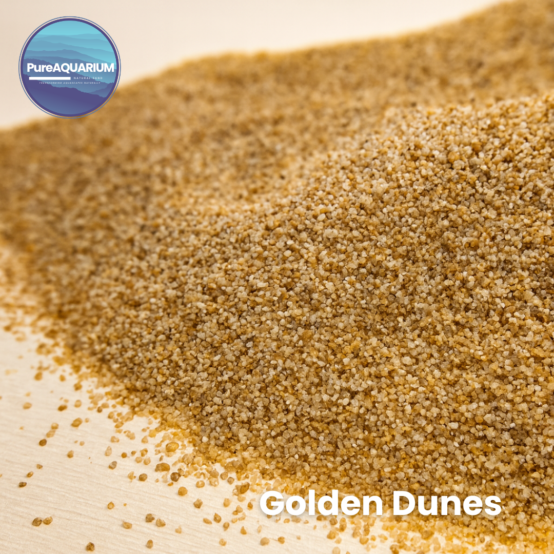 Close-up of Golden Dunes aquarium sand with PureAquarium logo.