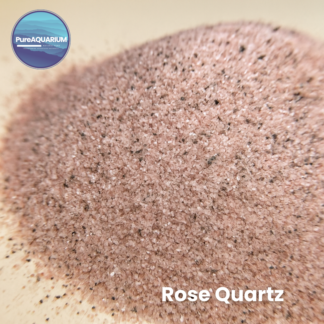 Rose Quartz aquarium gravel with PureAquarium logo in the corner