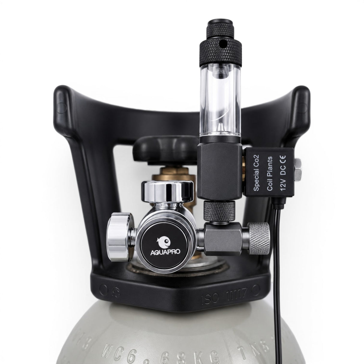 Aquapro Single Stage Compact CO2 Regulator 12V DC electromagnetic solenoid and bubble counter, close-up detail - The Aquascape Shop