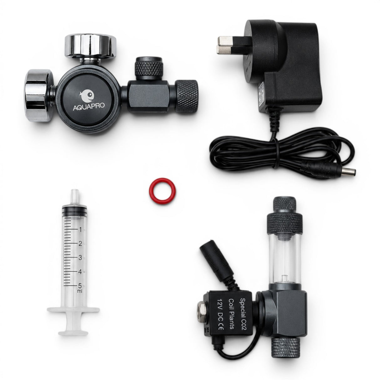 Aquapro Single Stage Compact CO2 Regulator full kit with regulator, solenoid, bubble counter, 12V power adapter, O-ring and syringe - The Aquascape Shop