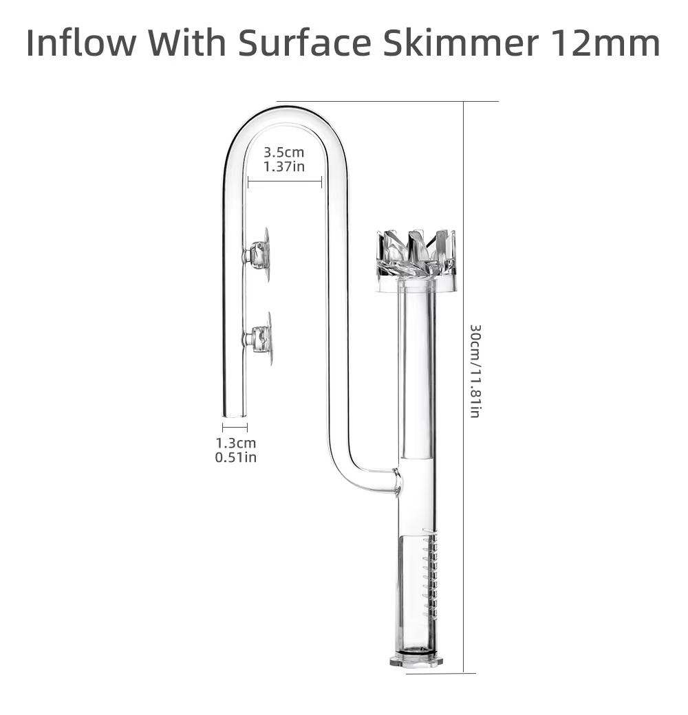 Aquapro glass skimmer inlet 12/16mm dimensions: 30cm tall, 13mm tube, 3.5cm U-bend