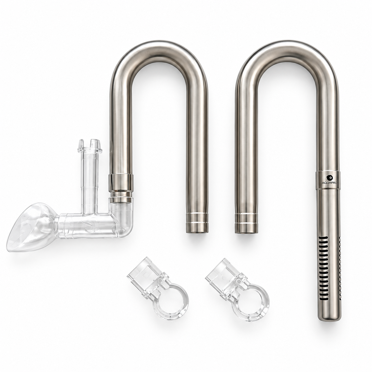 Aquapro stainless steel lily pipe set: inflow with slotted strainer, outflow, clear skimmer outlet and two pipe holders