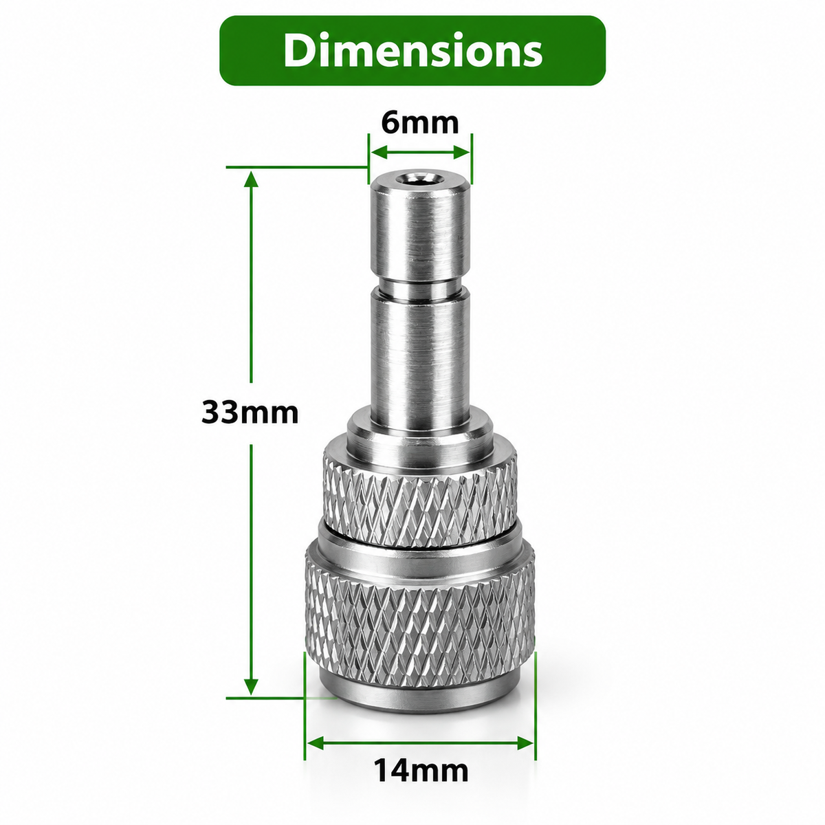 Wyin Aqua quick plug CO2 adapter dimensions, 33mm long, 14mm wide with 6mm plug
