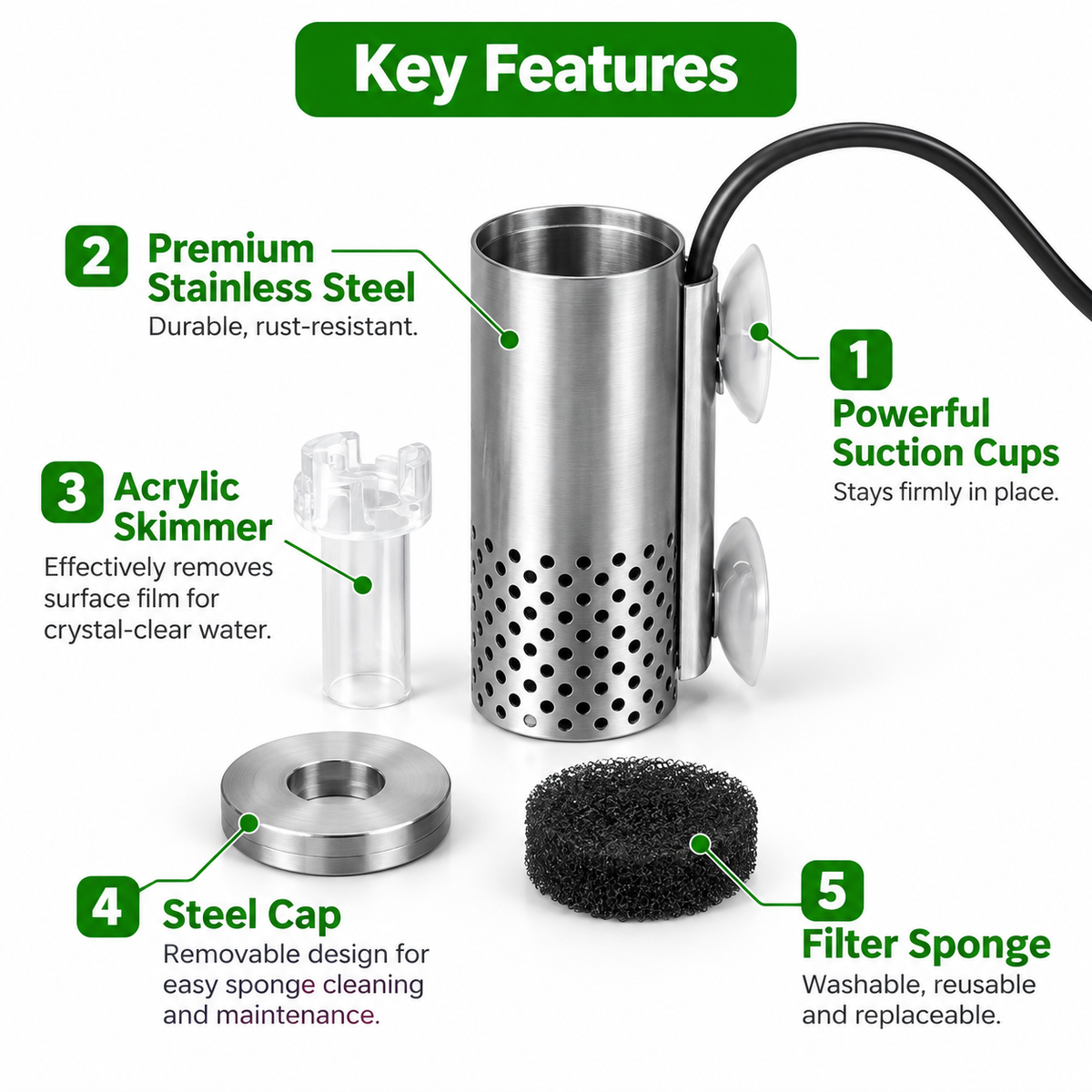 Wyin Aqua SteelFlow surface skimmer key features: suction cups, stainless steel body, acrylic skimmer head, steel cap and filter sponge