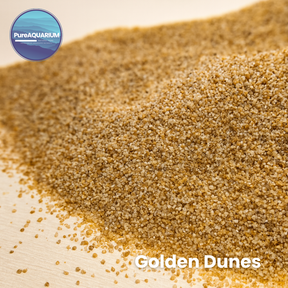Close-up of Golden Dunes aquarium sand with PureAquarium logo.