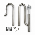 Polished stainless steel aquarium lily pipe set with clear surface skimmer, mounting brackets, screws, and Allen key arranged on a clean white background.