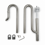Polished stainless steel aquarium lily pipe set with clear surface skimmer, mounting brackets, screws, and Allen key arranged on a clean white background.