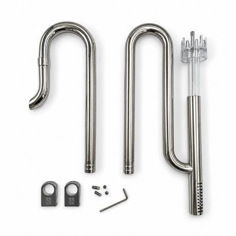 Polished stainless steel aquarium lily pipe set with clear surface skimmer, mounting brackets, screws, and Allen key arranged on a clean white background.