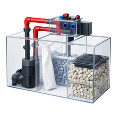 Clear aquarium sump filter system with red and black components on a white background