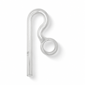 VIV spin filter outflow pipe for aquarium filters, shown in a clean studio product image on a white background, featuring a transparent glass outflow tube with a curved hook top and circular spin loop attachment.