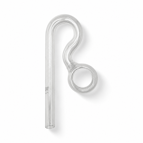 VIV spin filter outflow pipe for aquarium filters, shown in a clean studio product image on a white background, featuring a transparent glass outflow tube with a curved hook top and circular spin loop attachment.