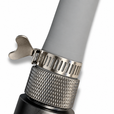 Adjustable stainless steel hose clamp with tool-free thumb screw, fitted on grey aquarium tubing