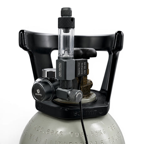 Aquapro Single Stage Compact CO2 Regulator with electromagnetic solenoid mounted on a CO2 cylinder, front angle - The Aquascape Shop