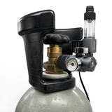 Aquapro Single Stage Compact CO2 Regulator side view showing dual pressure gauges on a CO2 cylinder - The Aquascape Shop