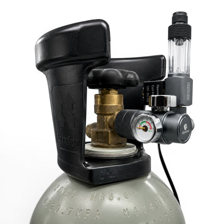 Aquapro Single Stage Compact CO2 Regulator side view showing dual pressure gauges on a CO2 cylinder - The Aquascape Shop