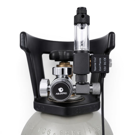 Aquapro Single Stage Compact CO2 Regulator 12V DC electromagnetic solenoid and bubble counter, close-up detail - The Aquascape Shop