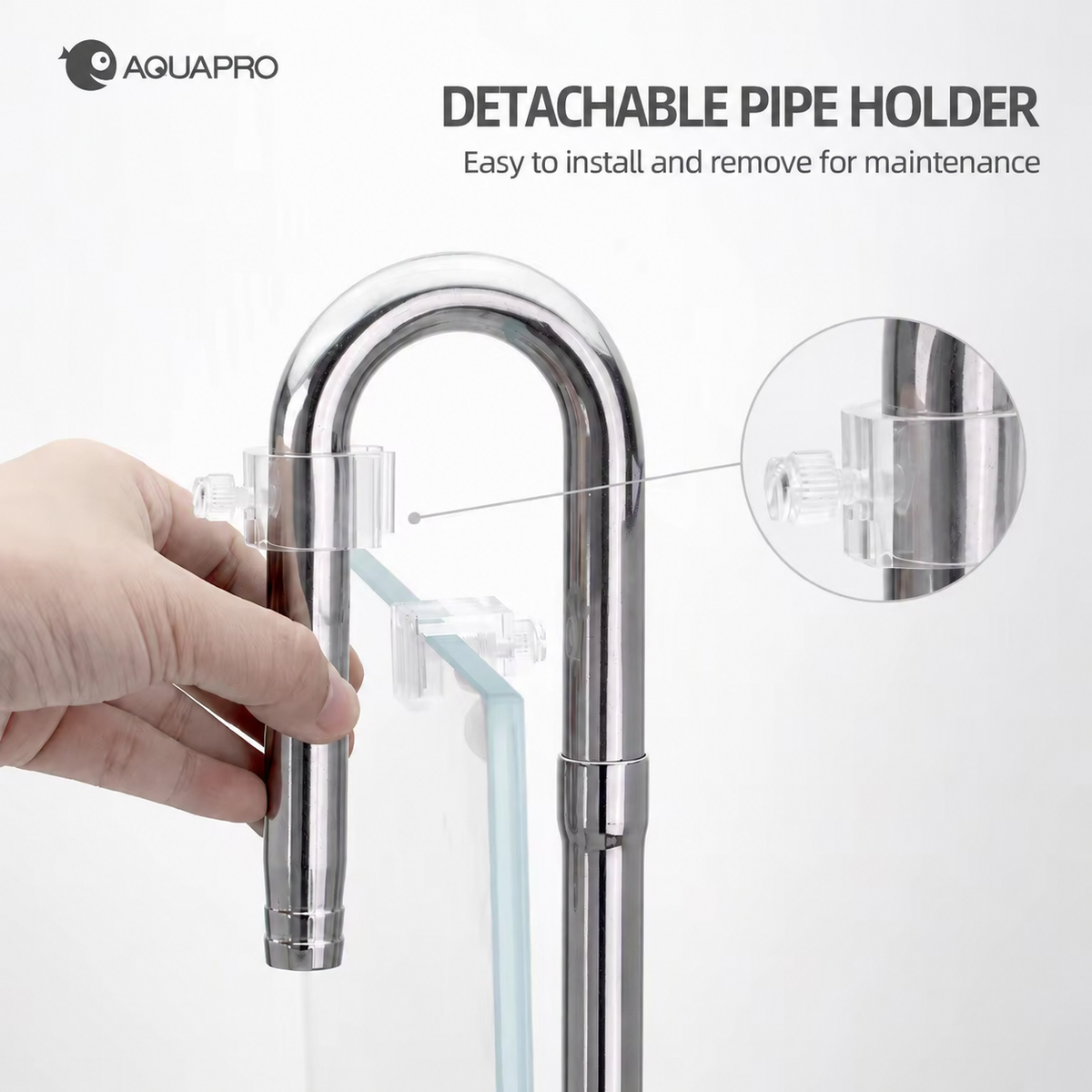 Detachable clear pipe holder with thumb screw clamped to the aquarium rim