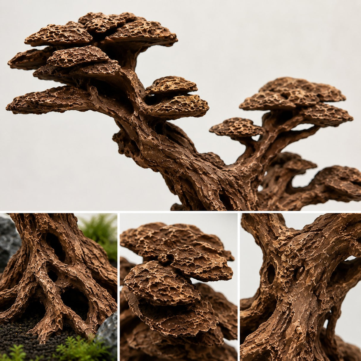 The Aquascape Shop Timeless Forest Set 2-piece brown resin bonsai tree aquarium decor with intricate roots and textured canopy.