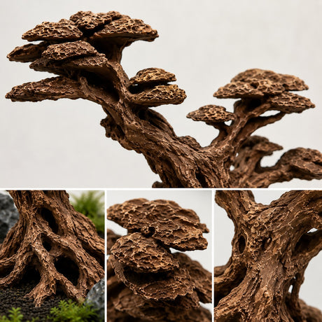 The Aquascape Shop Timeless Forest Set 2-piece brown resin bonsai tree aquarium decor with intricate roots and textured canopy.