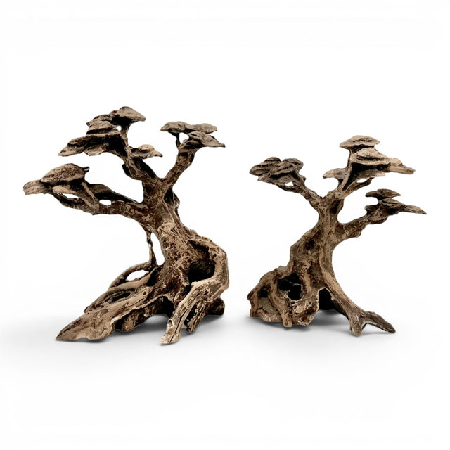 The Aquascape Shop Timeless Forest Set 2-piece resin bonsai trees for aquariums, brown, intricate detail, naturalistic design.