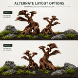 The Aquascape Shop Timeless Forest Set 2-piece resin bonsai trees for aquascaping. Brown, detailed, naturalistic design.