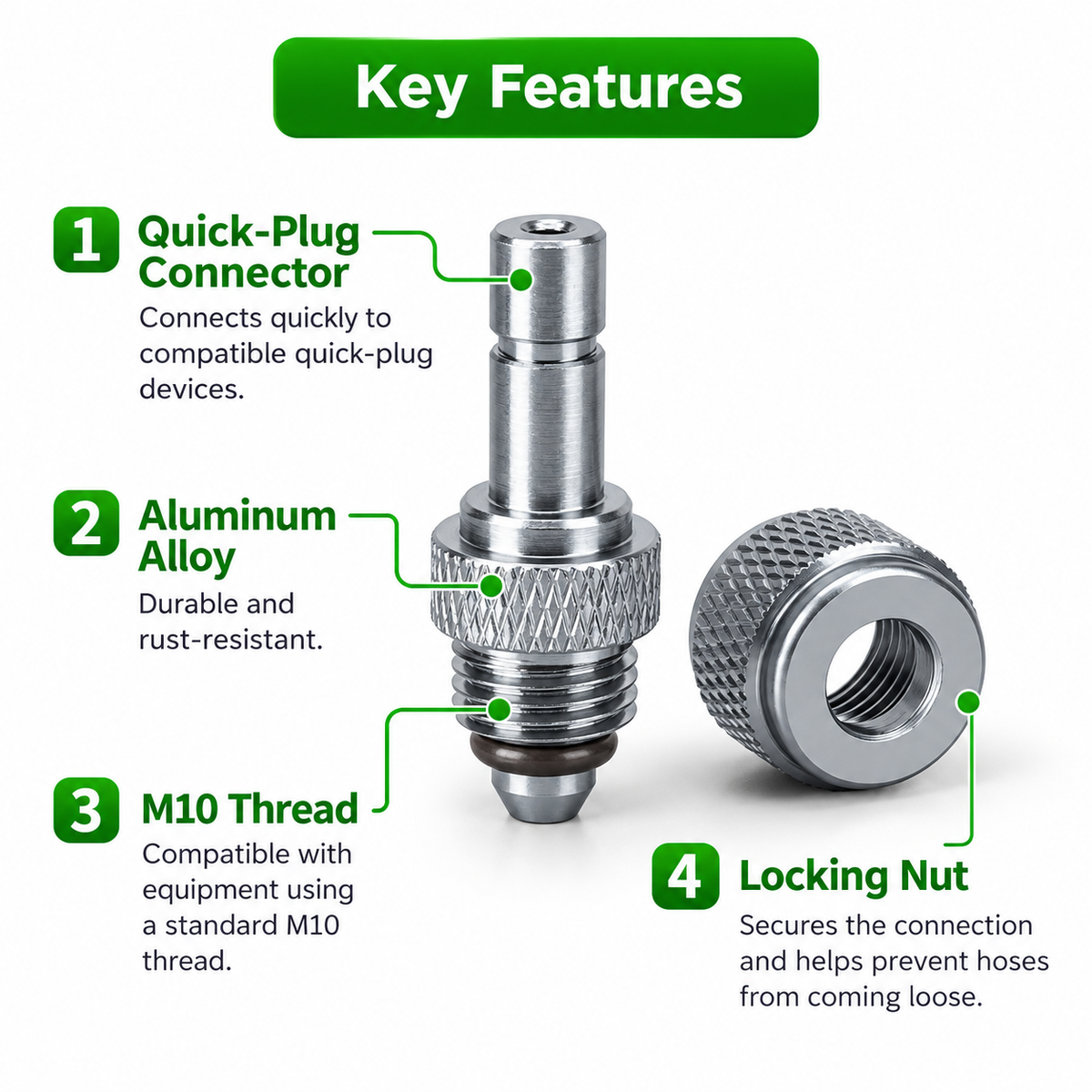 Wyin Aqua M10 quick plug CO2 adapter key features: quick plug connector, aluminium alloy, M10 thread, locking nut