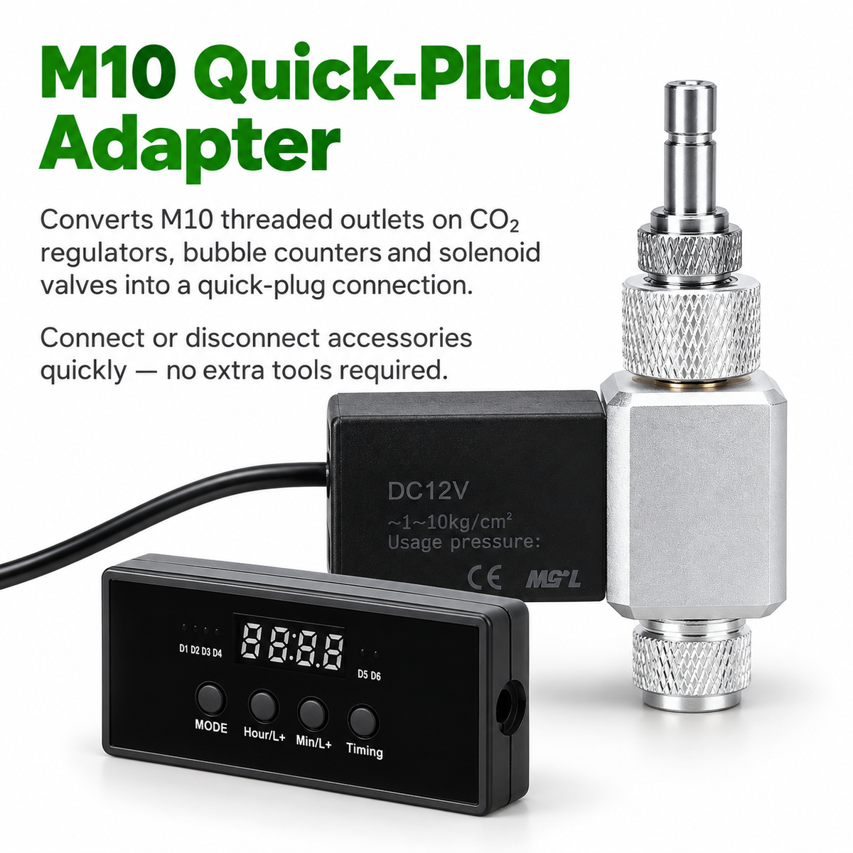 M10 quick plug CO2 adapter fitted to a CO2 solenoid valve