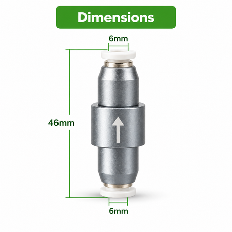 Wyin Aqua CO2 check valve dimensions, 46mm long with 6mm push-fit ends