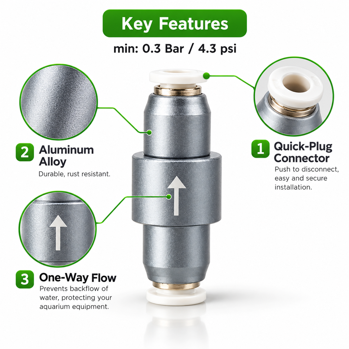 Wyin Aqua CO2 check valve key features: quick plug connector, aluminium alloy body, one-way flow