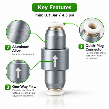 Wyin Aqua CO2 check valve key features: quick plug connector, aluminium alloy body, one-way flow