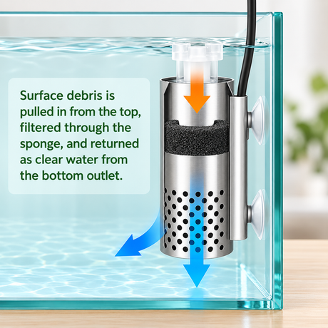 How the Wyin Aqua SteelFlow surface skimmer draws in surface film and returns filtered water in an aquarium
