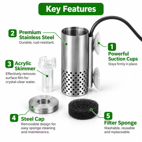 Wyin Aqua SteelFlow surface skimmer key features: suction cups, stainless steel body, acrylic skimmer head, steel cap and filter sponge